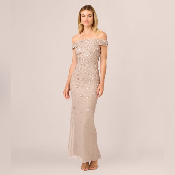 Adrianna Papell Off-Shoulder Sequin Gown in Beige - Picture 1 of 8